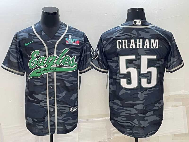 Mens Philadelphia Eagles #55 Brandon Graham Gray Camo With Super Bowl LVII Patch Cool Base Stitched Baseball Jersey